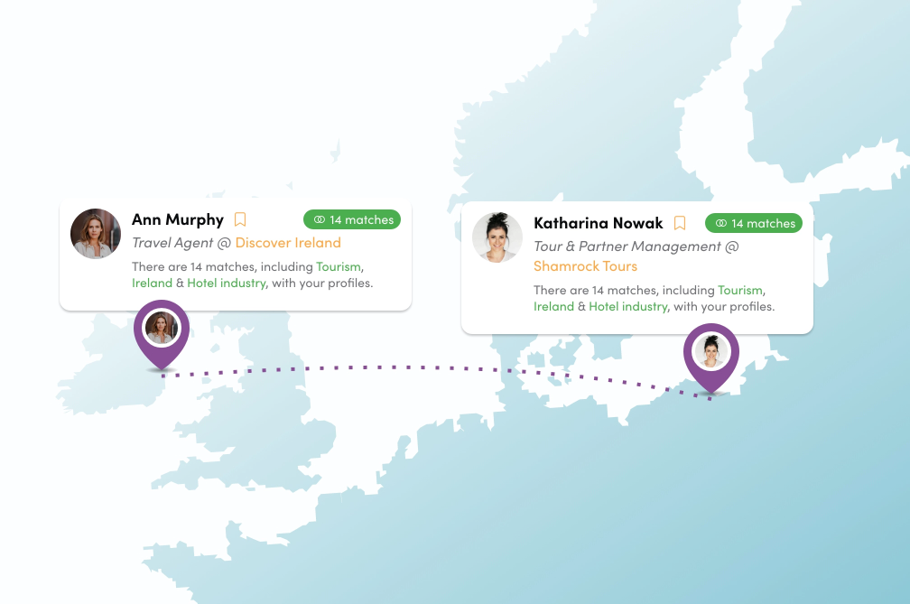 map of europe showing two profiles of an event tourism platform